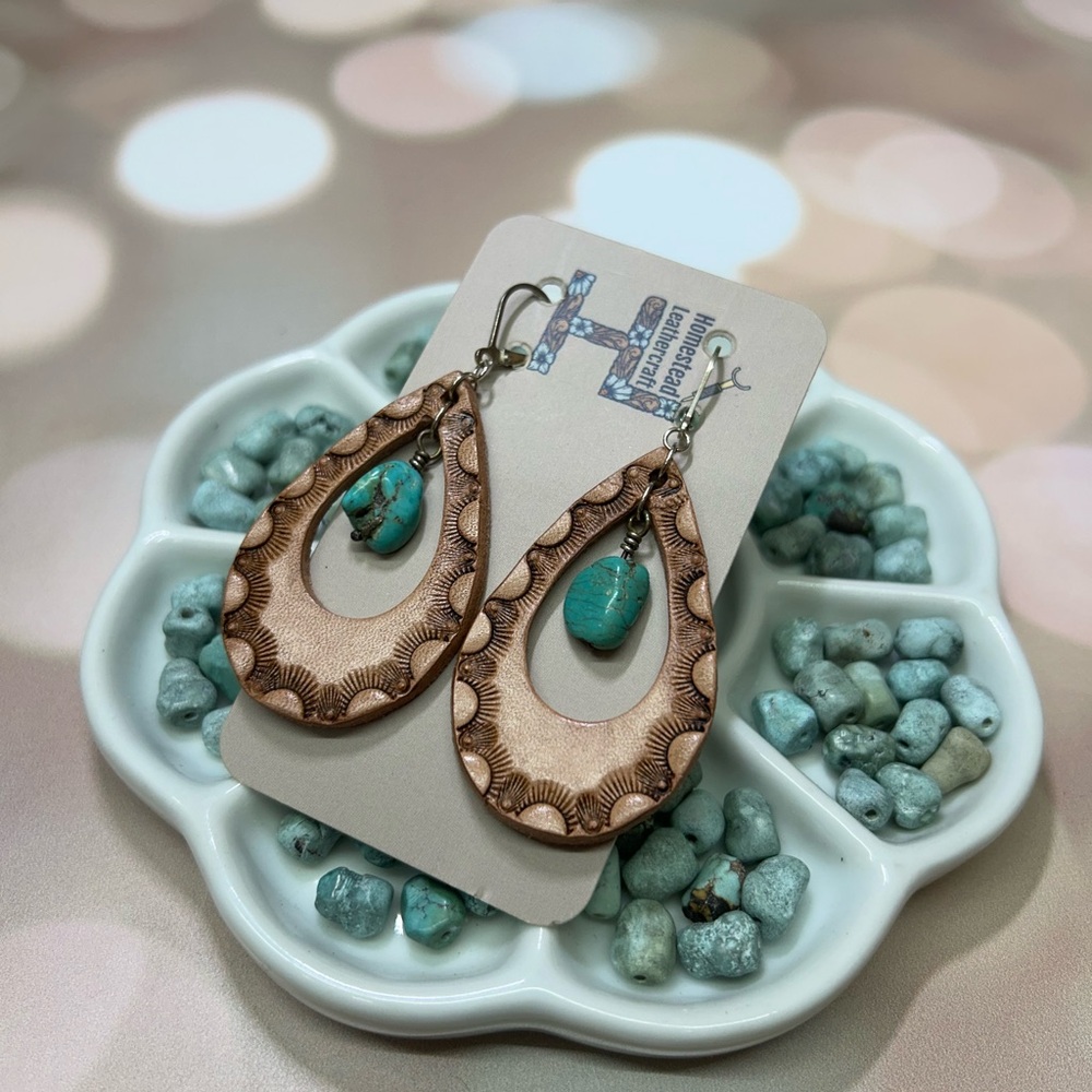 Tooled Leather Earrings with Turquoise and Sterling Silver